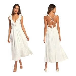 This is a Lulus Sicilian Sun White Eyelet Embroidered Ruffled Lace-Up Midi Dress